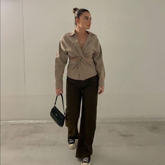 ZARA Cut Out Shirt Taupe Brown - Picture 2 of 14